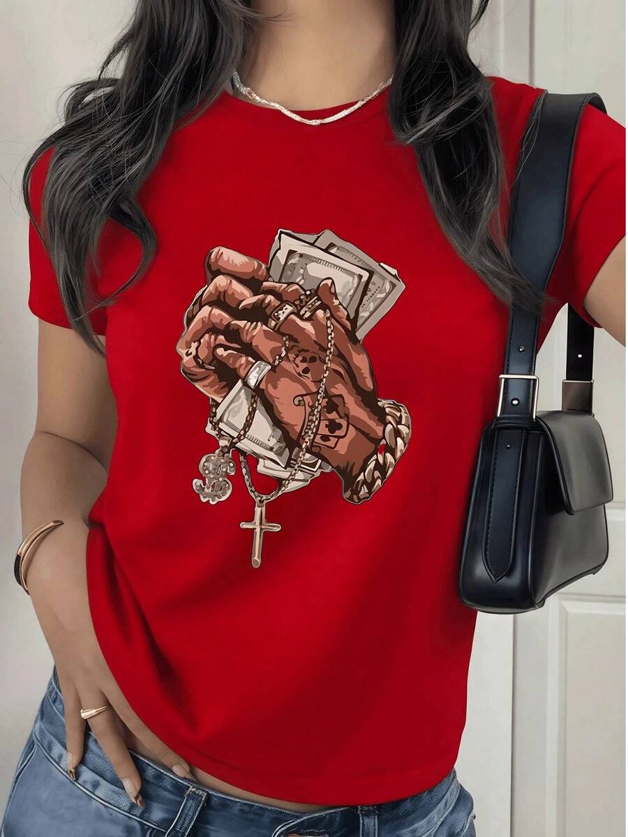 Camiseta de mujer de moda,Camiseta estampada para mujer,diseño de manos con billetes,joyas y crucifijo.Estilo casual y moderno.100% algodón suave y cómoda.Ideal para uso diario. - Rojo - Ver 1