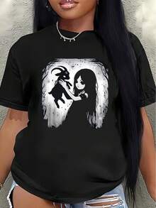 Polyester Short-Sleeved T-Shirt With A Gothic Art Design, Lightweight And Durable, Suitable For Home, Cafes, Or Casual Outdoor Wear. Women's Casual Blouse - 黑色 - 查看 7