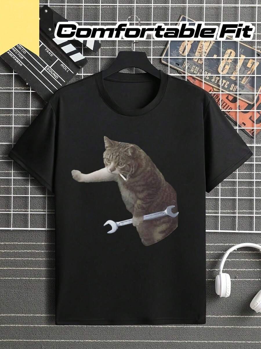 Funny Mechanic T-Shirt For Men - Design Featuring A Tabby Cat Sticking Its Paw Out With A Wrench And Nut - 100% Polyester Fiber, Casual Wear And Car Mechanic Gear, A Funny Gift For Car Enthusiasts, Comfortable Fit For Year-Round Wear (Black) - Funny Mechanic Outfit For Men. 0WW9 NUBI - 黑色 - 查看 1