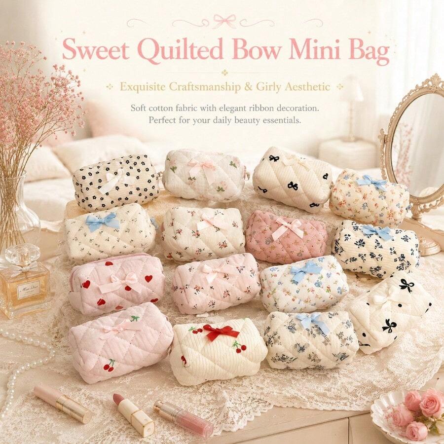 1Pc Cute Floral Bow Mini Storage Bag Fresh Flower Pattern Portable Earphone Lipstick Cosmetic Pouch Small Women Daily Makeup Organizer Bag - A - View 1