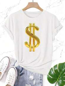 Camiseta con estampado del símbolo del dólar dorado en 3D, logotipo de dinero y riqueza, de manga corta y cuello redondo, estilo casual, adecuada para primavera y verano, ropa de mujer. - Blanco - Ver 5
