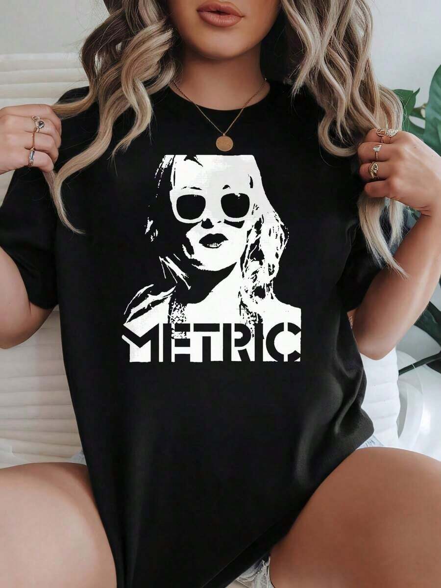 Camisa de Mujer, Corte Holgado, Opciones en Blanco y Negro, Estampado Gráfico con Banda Métrica, Camisetas Casuales para Uso Diario, Tops de Verano, Camisetas Gráficas, Conjuntos de Verano para Mujer, Camisetas Cortas para Mujer, Tops Vintage de Algodón, Ropa Linda para Mujer, Blusas Casuales para Dama - Negro - Ver 1
