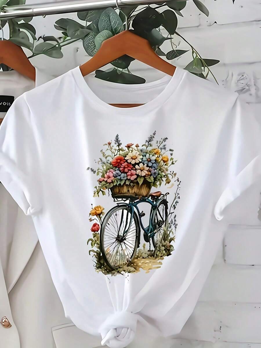 Plus Size, Women's Floral Bicycle Landscape Print Short Sleeve Crew Neck T-Shirt, Casual Short Sleeve Ropa deportiva estilo Y2K, cuello redondo, 100% algodón, tejido suave, manga corta. - Blanco - Ver 1
