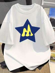 1 Piece [Xiang Longfei Selection] Pure Cotton Short Sleeve T-Shirt, Unisex Style, Letter And Star Print, Loose Casual Top, 180g, 100% Cotton. - 預設圖 1 - 查看 8