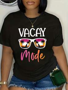 Camiseta Deportiva Casual para Mujer VACAY Mode - Camiseta Negra Elástica de Cuello Redondo con Diseño de Gafas de Sol, Lavable aáquina, Ajuste Cómodo para Todas las Estaciones, Perfecta para Lucir Durante tus Vacaciones. - Negro - Ver 1