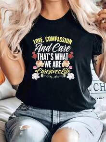 1 Women's Nurse T-Shirt - Soft, Stretchy, Round Neck, Short Sleeve, Printed With The Words "Love/Compassion/Care" And A Nursing-Themed Design, Machine Washable Black Casual T-Shirt, Suitable For Nurses, Healthcare Workers, A Gift Garment To Wear In All Seasons. - 黑色 - 查看 7