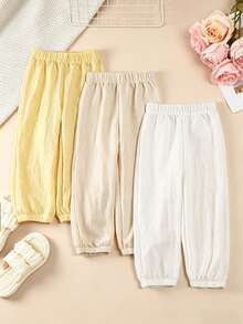 3pcs/Set Celana Panjang Anak Perempuan Motif Kotak-kotak Polos dengan Manset, Celana Anti Nyamuk, Lembut, Nyaman, Minimalis, Serbaguna, Cocok untuk Anak Perempuan di Musim Semi, Musim Panas, dan Musim Gugur - MultiWarna - View 14