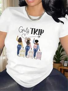 1 Women's Short Sleeve Travel T-Shirt, Lightweight And Durable, With Round Neck And Print, Comfortable Medium Elasticity Fabric, Stylish Printed Design, Perfect For Travel, Outdoor Activities, Parties And Gatherings, Suitable For Daily Wear In All Seasons, 180g 100% Cotton. - 白色 - 查看 12
