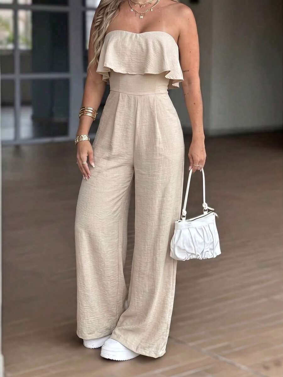Women's Summer Casual Beige Strapless Ruffle Linen Jumpsuit, High Waist Wide Leg Jumpsuit For Beach Holiday Wear - Light Khaki - View 1