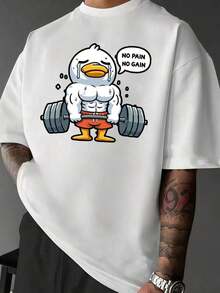 A Muscular Duck Lifts A Barbell With An Expression Of Effort, Conveying The Message Of Overcoming One's Limits And Achieving Inner Strength Through Sweat And Determination. Men's Casual, Modern, Comfortable T-Shirt For Training And Everyday Wear. - 白色 - 查看 8