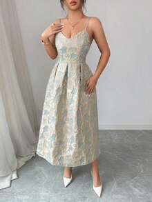 Vestido elegante de mujer con tirantes de espagueti y estampado jacquard, adecuado para invitadas de boda, galas y fiestas; Vestido elegante de fiesta de mujer con cuello en V y pliegues - Verde - Ver 5