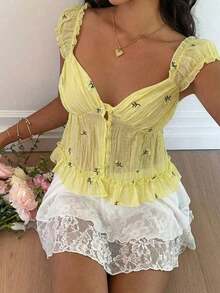 Women's Pink Blouse With Short Sleeves, Open Neck, Embroidery, Ruffles And Versatile Design For Casual, Vacation And Everyday Wear, Made Of Chiffon, For Spring/Summer - 黃色 - 查看 8