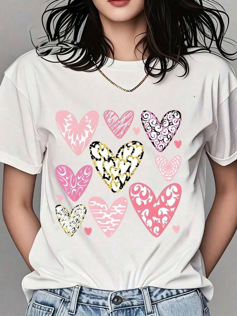 Women's Bohemian Round Neck T-Shirt, Heart Print, Short Sleeve, Casual Daily Wear, Cotton Top - 白色 - 查看 1