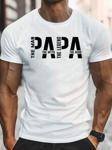 "Para Hombres". Mito. Leyenda. Camiseta con Estampado "Papá" - Tejido elástico 100% poliéster, ligera, estilo retro casual, de manga corta y cuello redondo, regalo de cumpleaños para papá, adecuada para uso diario en verano. - Blanco - Ver 1
