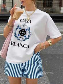Conjunto informal de 2 piezas de camiseta de manga corta de cuello redondo a rayas y pantalones cortos para mujer - Blanco - Ver 4
