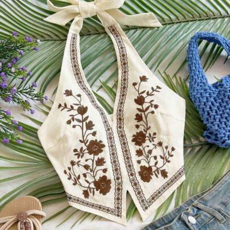 Top corto con escote halter, espalda descubierta y lazo, con bordado floral, adecuado para festivales de música - Marrón - Ver 1