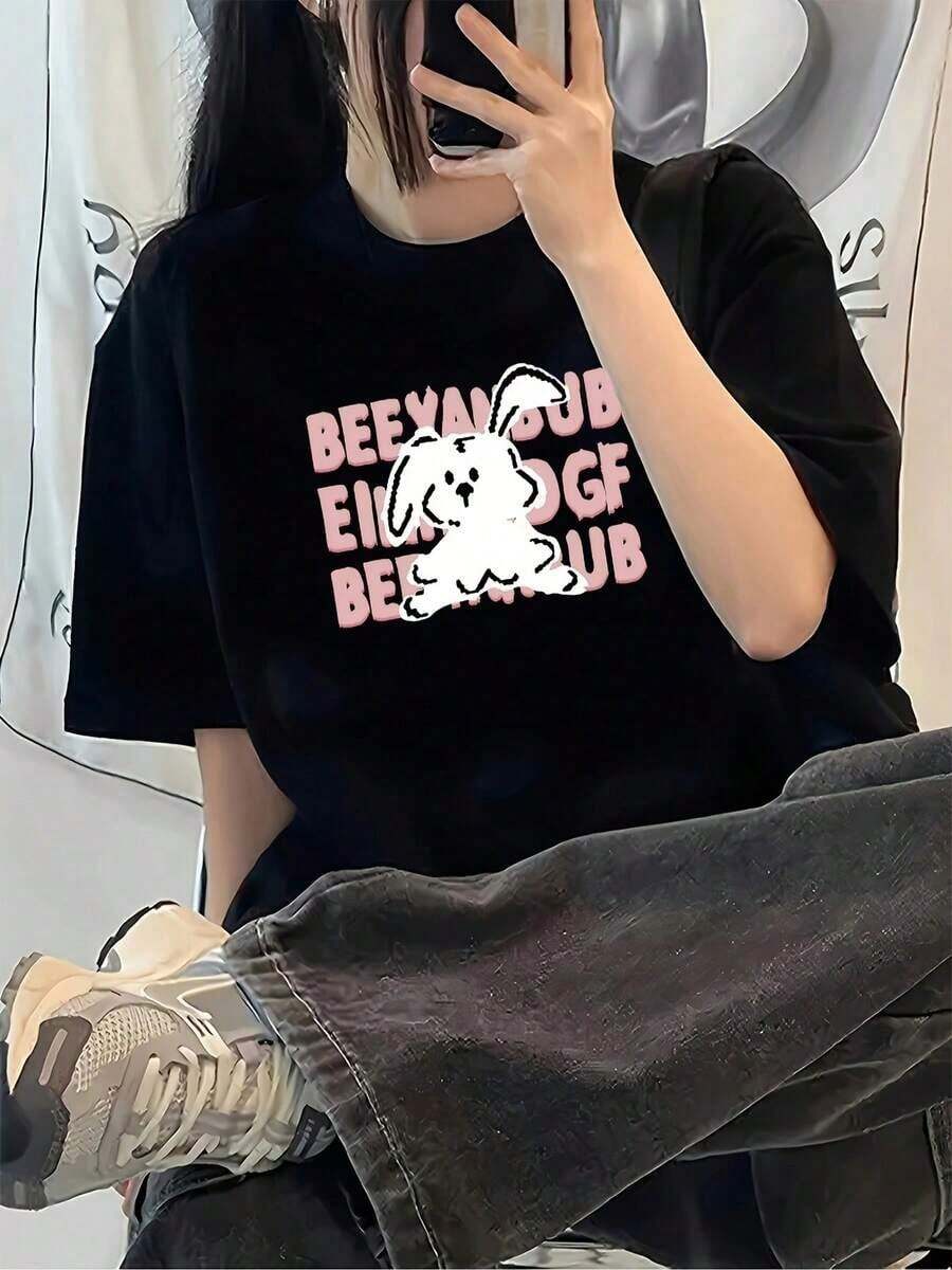 Oferta por tiempo limitado, cantidad limitada disponible,  relámpago, camisas de mujer, camisetas de mujer Camiseta casual de manga corta para mujer de talla grande [Especial japonés y coreano], nueva camiseta sencilla de manga corta de color liso de corte holgado estilo coreano para primavera/verano, camiseta moderna para ir al trabajo para mujeres, camiseta de color liso que estiliza, camisetas estampadas - Negro - Ver 1