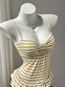 Camiseta ajustada con pliegues en el busto a rayas rosas para el verano - Amarillo - Ver 4