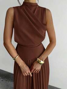 Vestido de línea A con cuello de swing sin mangas y volantes, falda paraguas, para volver al colegio, ropa escolar, fiesta, estilo de mujer de dinero antiguo, atuendos para salir, atuendos de fiesta para mujer, atuendos de oficina para mujer, fald - Marrón - Ver 3