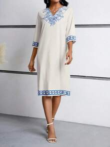 Vestido maxi casual y sencillo con estampado floral en el cuello, puños y dobladillo para mujer - Albaricoque - Ver 6