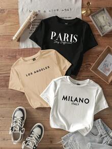 3 piezas/Set Camisetas cortas de cuello redondo de manga corta con texto en inglés MLANO impreso de estilo minimalista casual para mujer, verano - Multicolor 8 - Ver 1