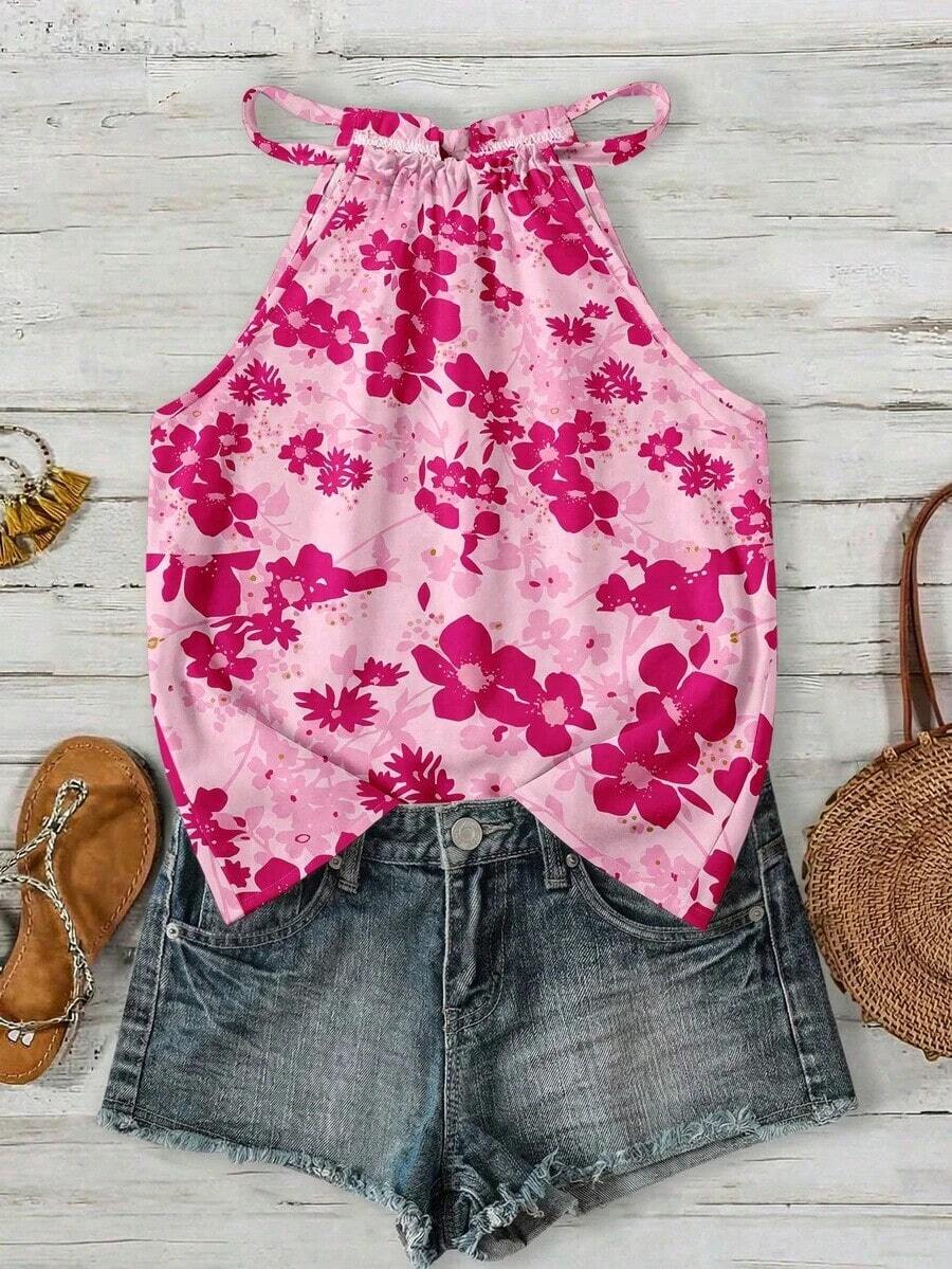 Impresión floral verde retro desgastada, elegante y bohemia minimalista casual, adecuada para festivales de música, atuendos de playa, atuendos de vacaciones, atuendos de verano para mujer, top de tirantes para mujer para primavera/verano - Multicolor - Ver 1
