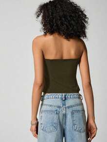 Top de tirantes de corte regular y unicolor sin mangas y escote trasero para mujer - Verde militar - Ver 2