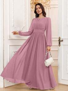 Vestido de dama de honor formal de gasa de manga larga hasta el suelo con corte evasé, color borgoña elegante, vestido de invitada de boda, mangas sin forro, primavera - Malva polvoriento - Ver 1