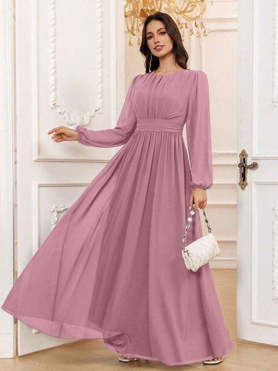 Vestido de dama de honor formal de gasa de manga larga hasta el suelo con corte evasé, color borgoña elegante, vestido de invitada de boda, mangas sin forro, primavera - Malva polvoriento - Ver 1