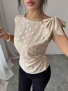 Blusa con lazo plisado de satén sólido, elegante, con lunares en color albaricoque y dorado, Camisa de lunares burdeos y dorado, Blusa con lazo de lunares burdeos, Blusa formal, Camisa de lunares albaricoque y dorado, Blusa de verano elegante con - Albaricoque - Ver 4
