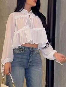 Camisa casual de mujer de manga larga y unicolor elegante, diseño asimétrico con parte delantera corta y parte trasera larga, cuello con lazo, manga farol suelta, estilo casual suelto y sexy - Blanco - Ver 8