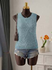 Camiseta de punto sin mangas para mujer, cuello redondo, diseño de bajo asimétrico, para verano - Azul - Ver 2