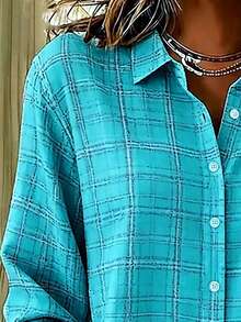 Casual Fashion Plaid Print Women's Plus Size Lightweight Long Sleeve Button-Up Shirt - Mint Blue - View 6
