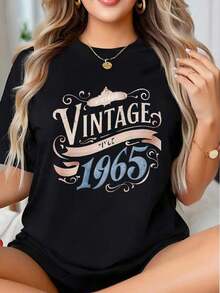 Women's Vintage Classic Graphic T-Shirt Since 1965, Birthday Gift, Celebration Wear - Vintage Urban Style, Unisex, Loose Fit, Cotton, Short Sleeve, Crew Neck, 100% Cotton - 黑色 - 查看 7