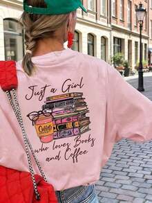 Camiseta Casual de Verano para Mujer, con Estampado de Letras Coloridas y Libros de Café, Cuello Redondo, Manga Corta Rosa, Versátil y a la Moda, Adecuada para el Uso Diario, Ocio y Vacaciones de Primavera. - Albaricoque - Ver 7