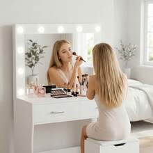 Vanity Mirror With Lights Desk And Chair, Makeup Vanity Desk  Vanity Table With Large Storage Drawers And Shelves - Ivory white - View 7