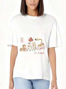 Women's T-Shirt With Kawaii Food Monster Design, Japanese Style, Cartoon Print, Summer Casual Wear, Gift For Food Lovers And Anime Fans | Exquisite Design | Loose And Comfortable | Easy To Match | - 白色 - 查看 1