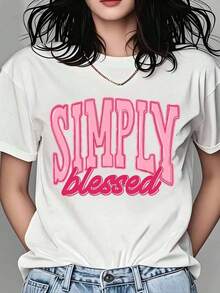 Oferta por tiempo limitado, cantidad limitada disponible,  relámpago, camisas de mujer, camisetas de mujer Simply T-Shirt para mujer: Camiseta casual con diseño gráfico de texto rosa, cómoda y de corte holgado;ideal para el uso diario y como idea para regalar. - Blanco - Ver 1