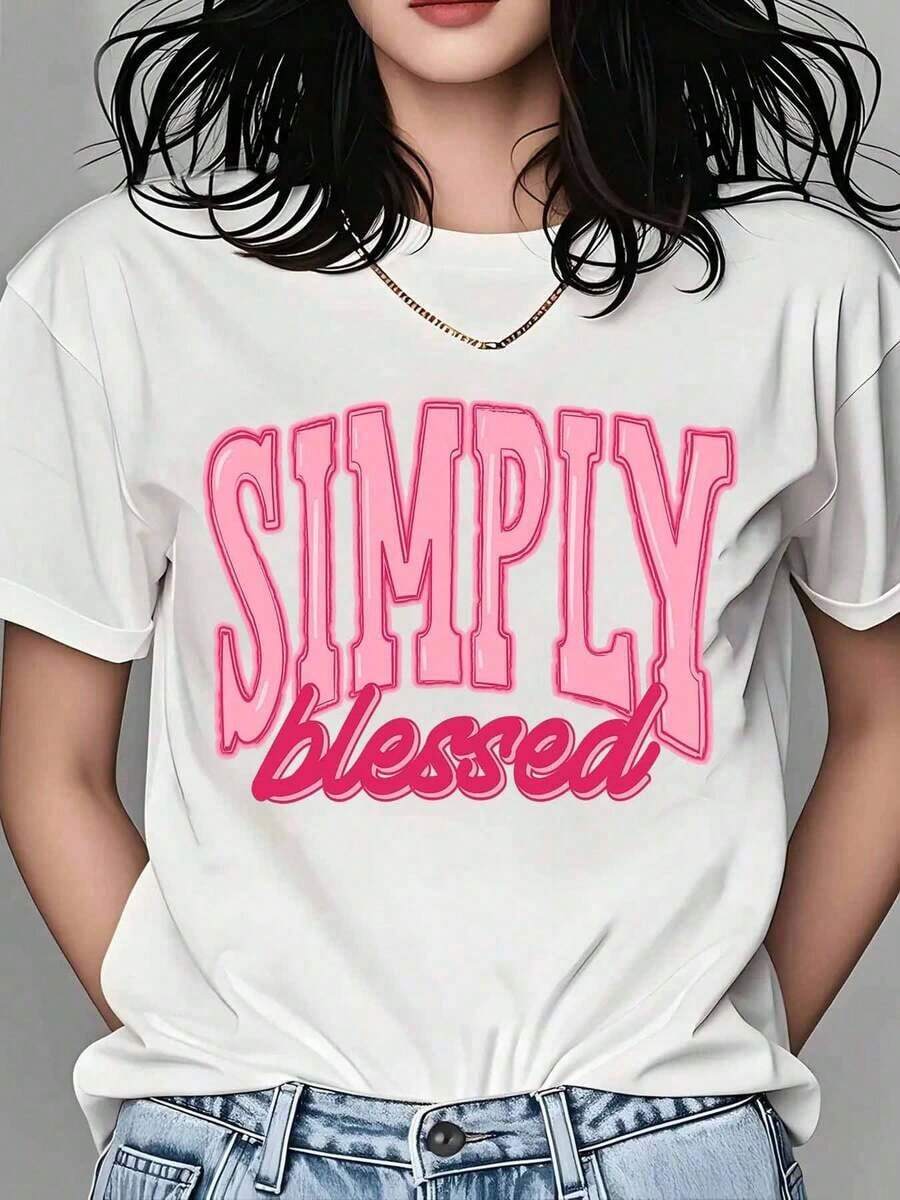 Oferta por tiempo limitado, cantidad limitada disponible, relámpago, camisas de mujer, camisetas de mujer Simply T-Shirt para mujer: Camiseta casual con diseño gráfico de texto rosa, cómoda y de corte holgado;ideal para el uso diario y como idea para regalar. - Blanco - Ver 1