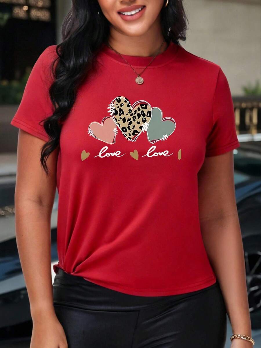 Women's Oversized Red Summer 2026 T-Shirt, Two Designs Available (Mixed Hearts And Cherries With Phrase). Loose-Fitting Youth T-Shirt With Heart And Cherry Prints, To Combine With Leggings Or Skinny Jeans. - YH632-紅色 - 查看 1