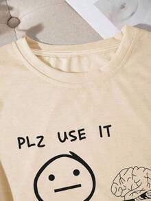 Women's Short-Sleeve T-Shirt With Round Neck, Cartoon Print And "PLZ USE IT" Lettering. Graphic Tees For Women. Casual Blouses For Women. 100% Cotton. - 杏 - 查看 5