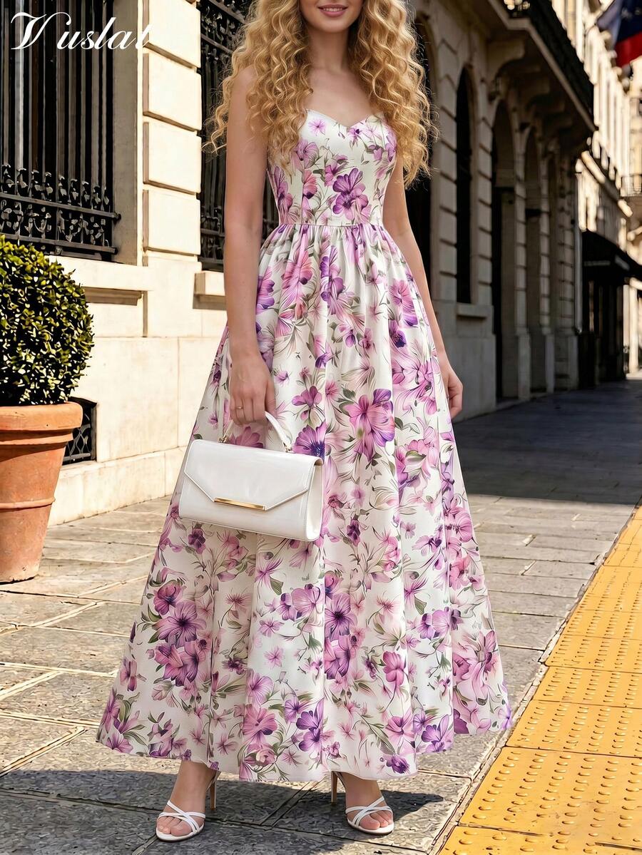 Robe d'été à imprimé floral pour femmes Vuslat, robe nuisette en satin élégante et polyvalente, convenant pour les invités de mariage, demoiselles d'honneur, thé de l'après-midi, soirée élégante, robe d'anniversaire, robe rose, cérémonie de remise des diplômes, tenue de vacances - Multicolore - Voir 1