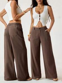 ZZL Women's Classic Lightweight Linen Palazzo Pants, Flowy Straight Wide Leg Summer Trousers, Beach Pants With Pockets, Casual Solid Color, Soft Elastic High Waist, Lounge Pants For Travel, Vacation, Dates, Brunch, Home, Work, Streetwear - 咖啡棕 - 查看 12