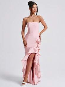 Sleeveless Knit Maxi Dress With Ruffles, Elegant And Sensual Bustier Spring Summer Fashion - Pink - View 3
