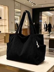 Large Capacity Corduroy Tote Bag, Casual Shoulder Bag With Side Pockets, Lightweight For Work, School, Travel & Daily Commute, Versatile Solid Color Handbag - Multicolor - View 15