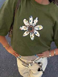 Camiseta de mujer estampada de manga corta para verano, tela de poliéster, estilo multifuncional, corte regular, peso 180 gramos, 1 unidad. - Verde militar - Ver 8
