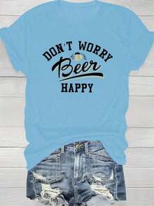 Women's Casual T-Shirt, Printed With The Words "Don't Worry, Beer Is Fun", Round Neck, Short Sleeve, Regular Length, Knit Top For All Seasons - 白色 - 查看 10