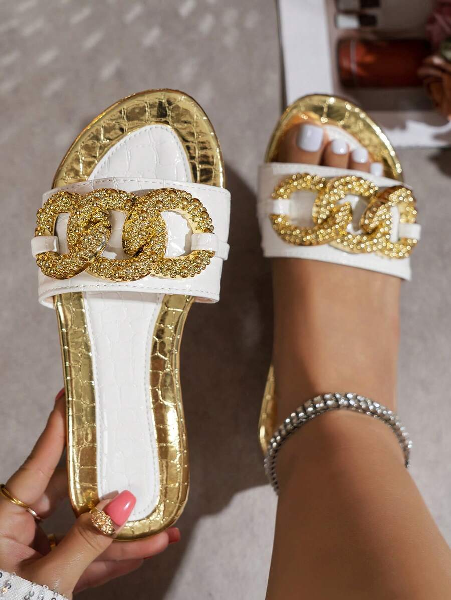 Women's Gold Rhinestone Embellished Plus Size Wide Toe Box Flat Slip-On Sandals, Fashionable Vacation Flat Sandals - White - View 1