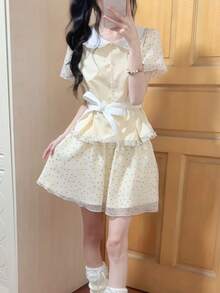 Women's 2-Piece Set: Peter Pan Collar Polka Dot Short-Sleeved Top And Mini Skirt. Girly, Summery, Cute. - Light Yellow - View 3