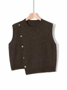 1 pieza Chaleco sin mangas de punto de unicolor con cuello redondo corto, diseño asimétrico con botones, accesorio de moda, chaleco versátil de punto para el verano - Café integral - Ver 7